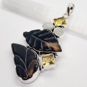 Autumn Fall Carved Agate Rainbow Moonstone Ethnic Handmade Pendant Jewelry 3.2"